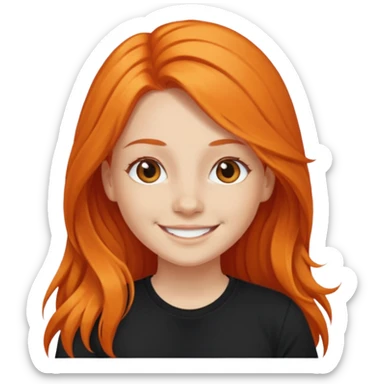 smiling girl with long orange hair and black t-shirt sticker