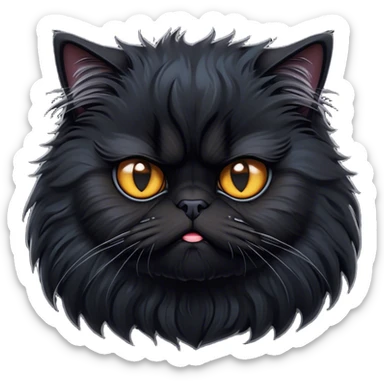 Cinematic Grumpy Frazzled Black Persian Cat Portrait Emoji, Head tilted with an exaggeratedly grumpy expression, fluffy black fur with hints of silver and deep undertones, Simplified yet hilariously frazzled features with large, expressive eyes, highly detailed, glowing with a warm but irritated glow, high shine, a mix of annoyed and disheveled, stylized with a touch of humor, bright but with a completely frazzled and grumpy face, soft glowing outline, capturing the essence of a quirky yet grumpy kitty, so endearing it feels like it could leap out of the screen and demand attention with its wonderfully grumpy, frazzled charm! sticker