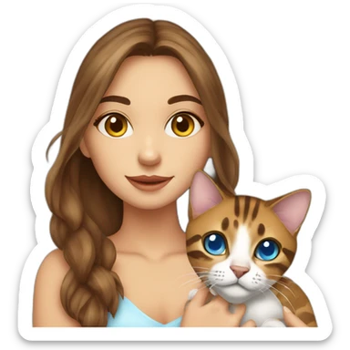 a beautiful girl with blue eyes and brown hair is holding a Bengal cat with yellow eyes in her arms sticker