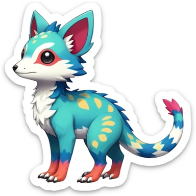 Rare realistic exotic edgy epic cute pretty beautiful handsome gorgeous aesthetic colorful vibrant Vernid-Trico-species-Fakemon-creature by LiLaiRa, 4 legs, 1 tail, random markings, (full body) sticker