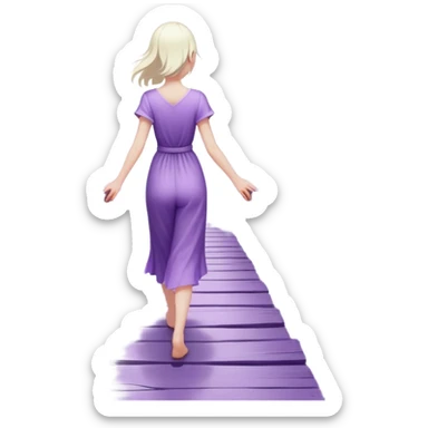 A small figure walks back broken bridge, holding soft 2 violet orbs in hand—symbolizing compassion and forgiveness. A gentle heart aura trails behind them, showing healing in motion. sticker