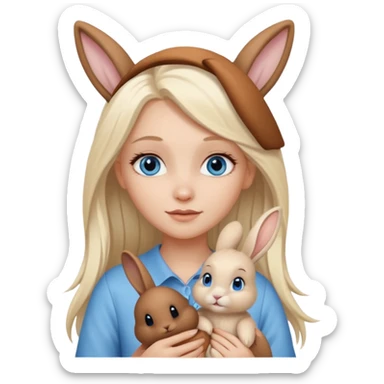 Pale white girl with long platinum blonde hair and blue eyes, holding long ear brown bunny sticker