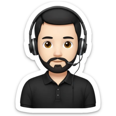 black and  hair with beard and headphones white skin male and nice polo shirt hair short on side black polo  sticker