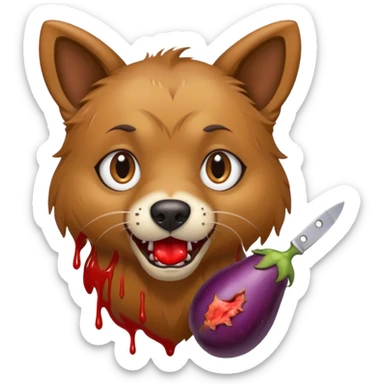 wild-eyed dog clutching knife dripping with blood with eggplant in mouth sticker