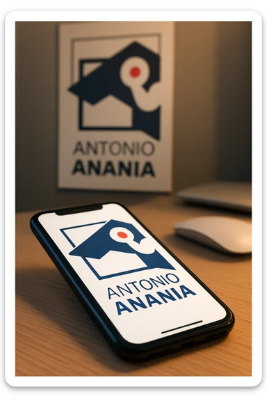 A photo of an iPhone on the desk with the logo of "Antonio Anania" on its screen, The phone sits atop a desk with a blurred with the logo in the background that suggests work environment. A faint glow from above casts gentle shadows across the surface of each object, creating depth and highlighting their textures sticker