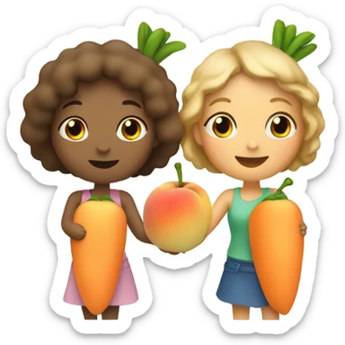 two girls with a carrot and peach in their hands sticker