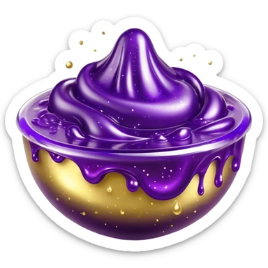 Cinematic Realistic Shiny Slime Mixed with Glitter, thick and glossy with swirling metallic flecks suspended inside, a dynamic mix of deep purple and golden sparkles, light catching every shimmer, flowing smoothly with realistic folds and ripples, glowing with an enchanting, almost liquid-metal effect. sticker