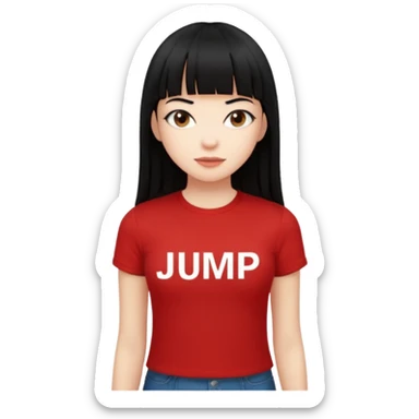 Lisa con una camiseta que ponga JUMP de manga corta las letras blancas y el fondo rojo pelo largo con flequillo negro y liso sticker