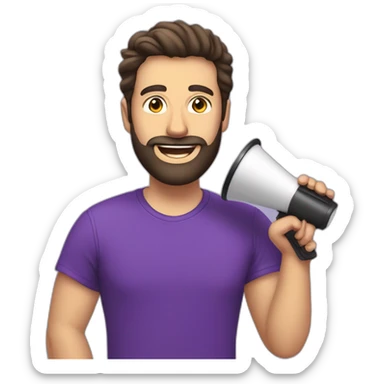 a white man with a black beard, speaking in a red megaphone next to his mouth, he wears a purple tshirt, smiling,he has a modern haircut sticker