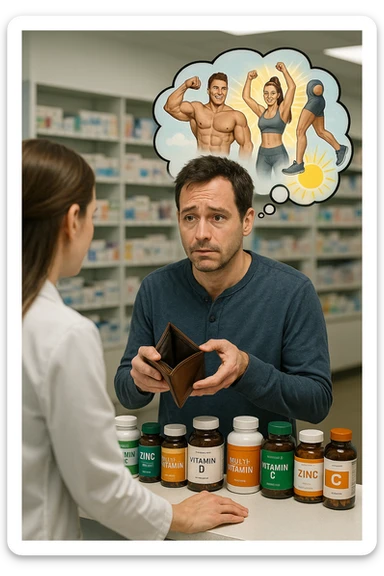 a man stands at a pharmacy counter, handing over a nearly empty wallet to the cashier while the counter is filled with bottles of supplements and vitamins. His expression is hopeful but slightly anxious. In the background, a thought bubble shows exaggerated images of instant health and fitness, symbolizing unrealistic expectations.  in italiano super realistica sticker