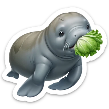 Cinematic realistic full body side view of a manatee holding a head of iceberg lettuce in his front flippers  sticker