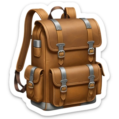 A sturdy, weathered leather backpack with metal-reinforced flaps and deep, practical pockets. Scratched and rugged from long travel, it has a solid, utilitarian look—built for harsh roads and hard use. sticker