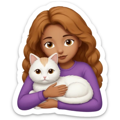 brown girl snuggling fluffy white cat sticker