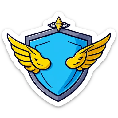 Premium shield badge with angel wings and a big shiny blue diamond in the center with VIP text sticker