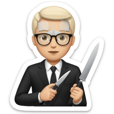 man with glasses wearing a suit and holding a knife sticker