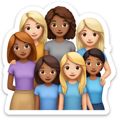 six diverse girl friends, different hair and skin tones as described, smiling and standing together sticker