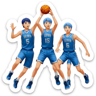 Icon for Kuroko no Basuke: Kuroko Tetsuya with his basketball, surrounded by the Seirin High team and vibrant action scenes on the court. The design should capture the intensity and athleticism of the anime with dynamic poses and energy. Transparent background. sticker