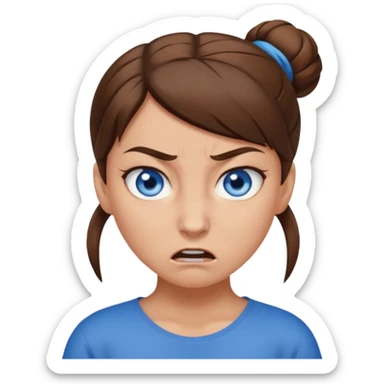 Girl with blue eyes, brown hair in a brown bun, no bangs, angry sticker