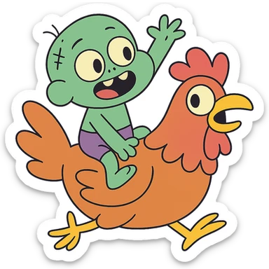 a green baby zombie riding a chicken, calArts 2010s cartoon style, cute, exaggerated features sticker