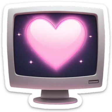 Monitor Emoji "A pastel pink computer monitor displaying a glowing, pixelated heart icon, surrounded by shimmering sparkles and dreamy light trails." sticker