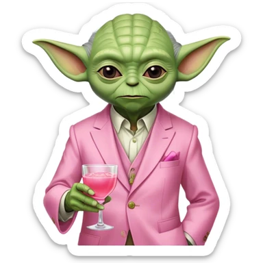 Master Yoda in all pink suit, with one hand holding pink tequila drink sticker