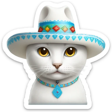 White cat with blue tears wearing a Mexican sombrero sticker