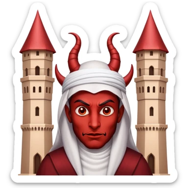 Devil with Arab hat next to two identical towers sticker