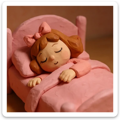 coquette girl sleeping in a pink soft bed, claymation style sticker