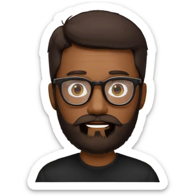 create a emoji man with beard black and dark brown hair , and glasses wooded color, sunkissed skin color, with a IA simbol and black shirt sticker
