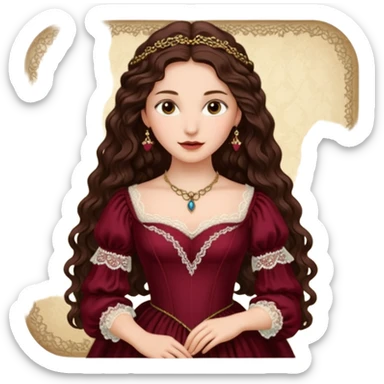 Renaissance lady – long dark brown wavy hair, burgundy gown with lace neckline sticker