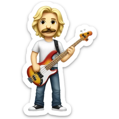 A long haired blond man with a thick mustache holding a bass wearing a tshirt and jeans sticker