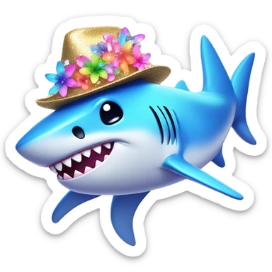 Kawaii rainbow pastel bedazzled shark wearing fedora with neon flowers  sticker