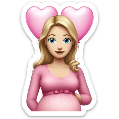 White pregnant woman with blue eyes and Dark blond hair, pink dress with bow. She is standing holding two  pink heart ballons.  sticker