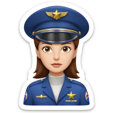 woman with brown hair and brown eyes.  space ship captain with white military hat sticker