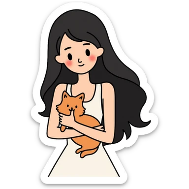 beautiful girl with long black hair wearing a white dress holding an Abyssinian cat with reddish-brown fur in her arms sticker