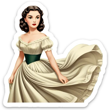 Icon for Romance Movie: A vintage movie poster-style design inspired by Gone with the Wind. Include romantic, sweeping imagery like Scarlett O'Hara in a flowing dress, Rhett Butler, a plantation backdrop, and fluttering wind-blown fabric. Soft, nostalgic cinematic feel. Transparent background. sticker