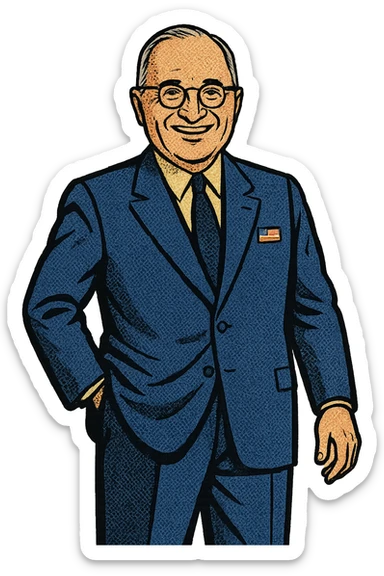 A full body image of a leader who looks like President Truman who is smiling, wearing a blue suit with a pale yellow shirt with an American Flag badge sticker