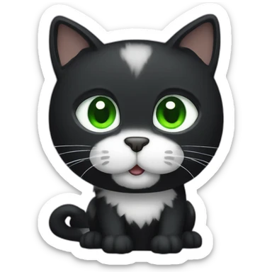 A black cat with green eyes with a white mustache, a white stripe on its nose, a full-length white breast and white paws sticker