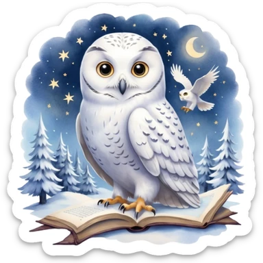 A hand-drawn fantasy illustration of Hedwig, Harry Potter’s snowy owl, with soft watercolor style, gentle pastel tones, magical sparkles in the air, cozy wizarding atmosphere, storybook illustration, high detail, whimsical and warm mood. ohne backgraund sticker