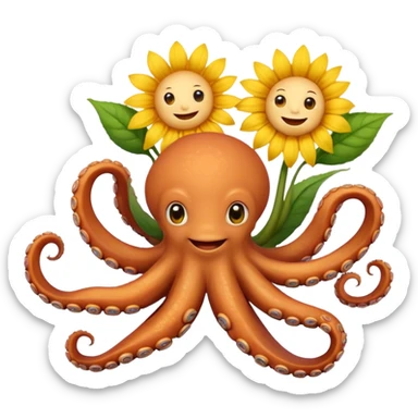 Octopus smiling bringing sunflower  sticker