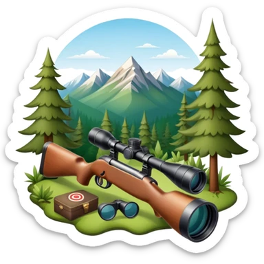 Icon for Hunting Tourism: hunting rifle, binoculars, and a target, surrounded by nature elements like trees, mountains, and wildlife tracks. The icon should represent the adventure and exploration of hunting tourism. Transparent background. sticker