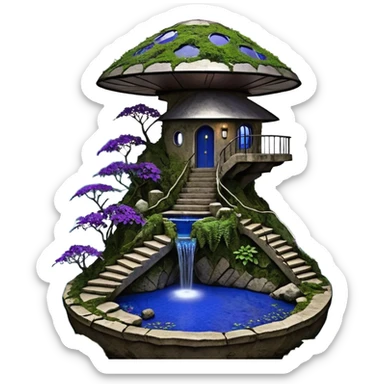 Alien saucer house jungle-vines precarious narrow stairway fountain mountain-island getaway nighttime landscape antique mudman very old broken cracked intricate Stone Age lapis-crusted irregular dodecagon-shaped shallow dark moss rough bark violet serissa flowered maple tree bonsai pot sticker