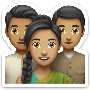 a young chinese woman, a young indian man, and a young white man sticker