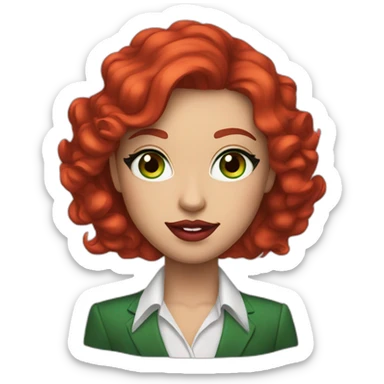 Green eyes, red hair canadian with formal clothes and red lipstick and makeup sticker