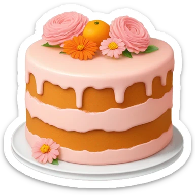 light pink and light orange cake on peach colored plate with light orange cosmo flowers and zinnia flowers sticker
