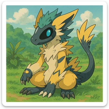 Sergal-Protogen-Trico-Zeraora-Vernid-fusion-hybrid-creature, drawn in a Pokémon/Digimon style sticker