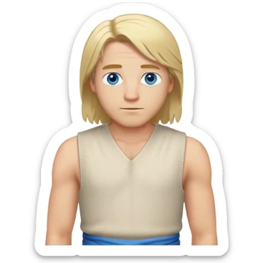 medieval summer outfit worn by a DnD themed fantasy male character. basic sleeveless tunic made of lightweight wool, slightly open at the sides for breathability. clothes only above the waist. The clothes full waist. The character's haven't arms. character is white-skinned, blonde hair, blue eyes, shoulder-length straight hair. sticker