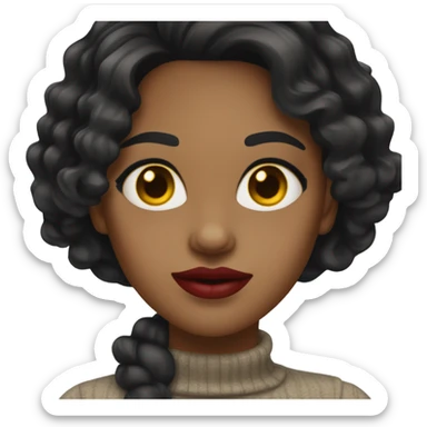 Woman with black wavy hair. Medium skin with yellow golden undertone. Big Brown Eyes. Red Lipstick sticker