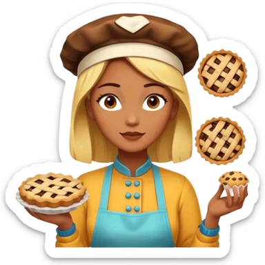 Baking community woman avatar in vibrant style illustration. Pie, cookie, and muffin warm golden tones, simple shapes, flat design, high contrast. sticker