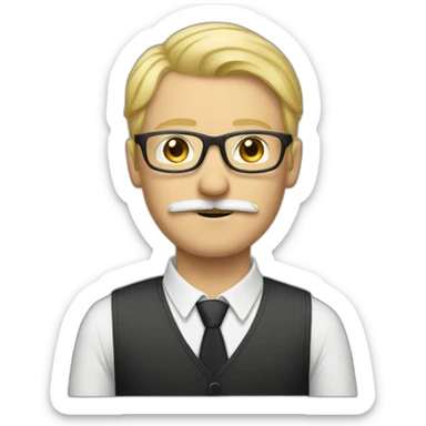 tall blonde man with glasses and mustache sticker